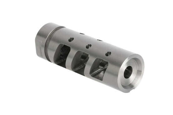 Rise Armament .223 Compensator with stainless finish fits 1/2x28 barrel threading for most 5.56 caliber rifles.